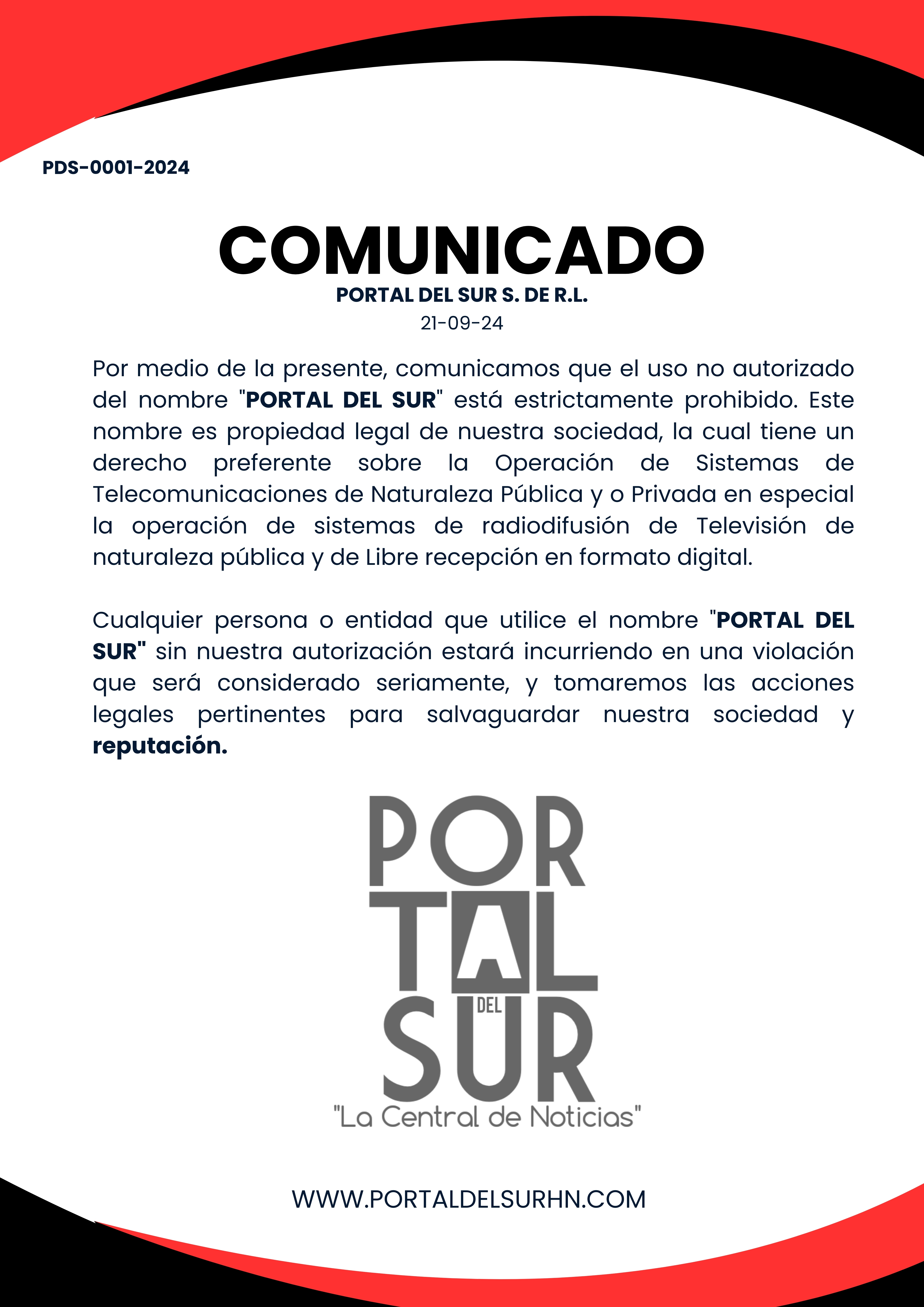 PORTAL DEL SUR S. DE R.L. REALIZA COMUNICADO SOBRE EL USÓ DEL NOMBRE "PORTAL DEL SUR"