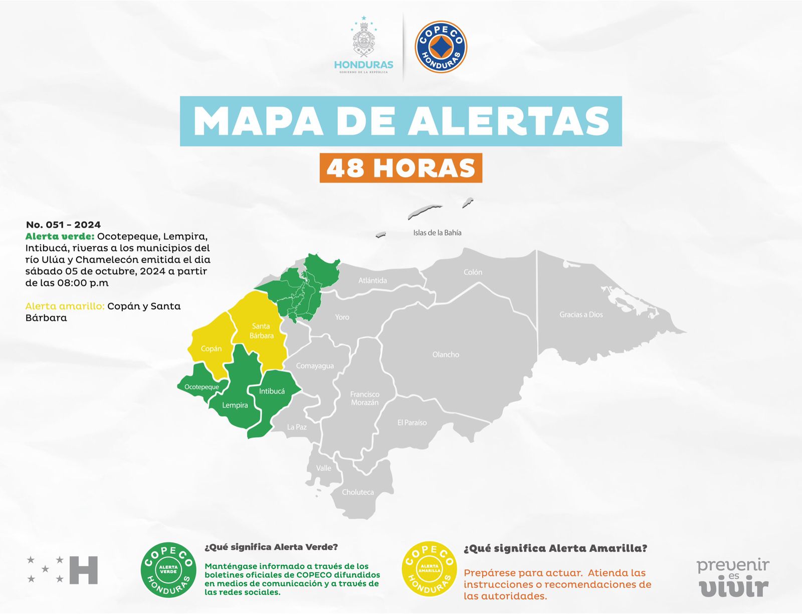 COPECO eleva a Alerta Amarilla a Santa Bárbara y Copán, otros tres departamentos y municipios del Valle de Sula en Verde.